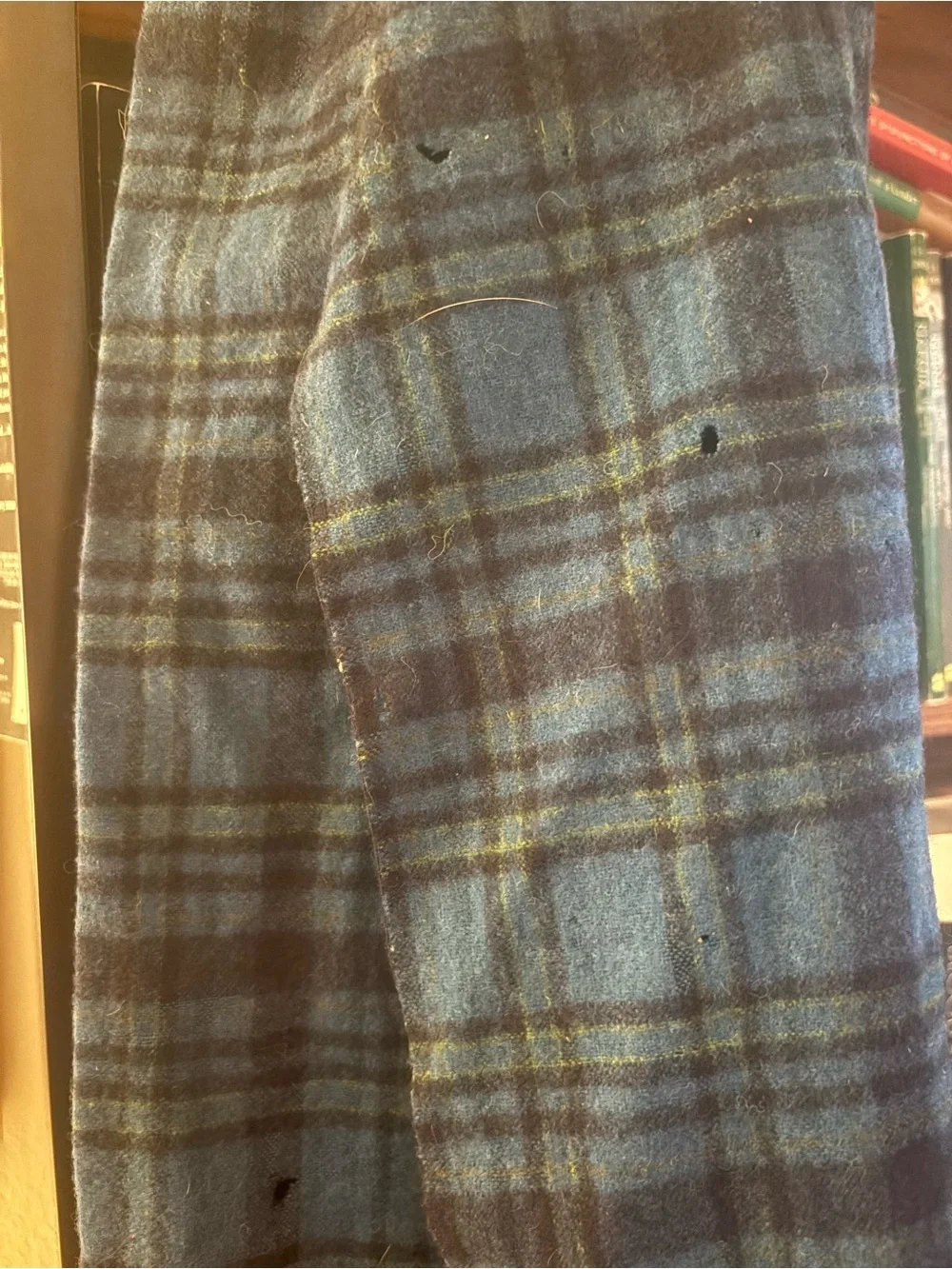 Pendleton Blue and Black Wool Plaid Scarf with Fringe
